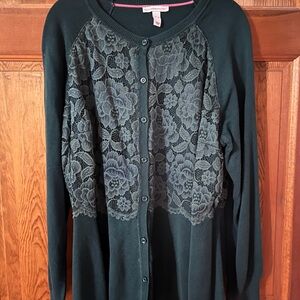 Isaac Mizrahi Dark Green Floral Lace Peplum Cardigan size XL